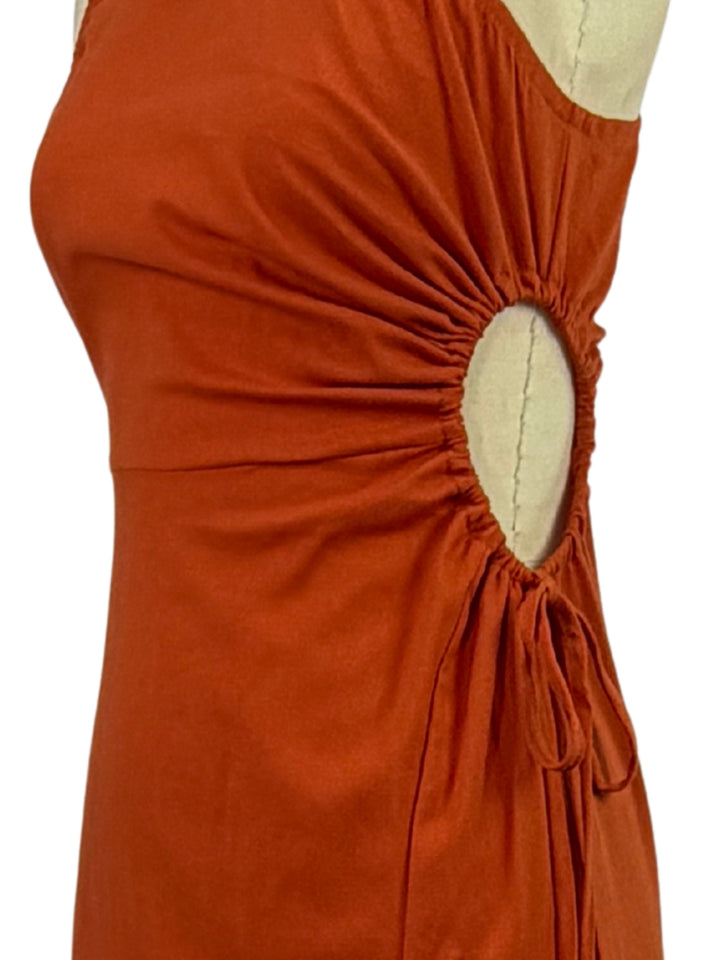 Rust One Shoulder Dress With Slit And Side Tie Up Detail