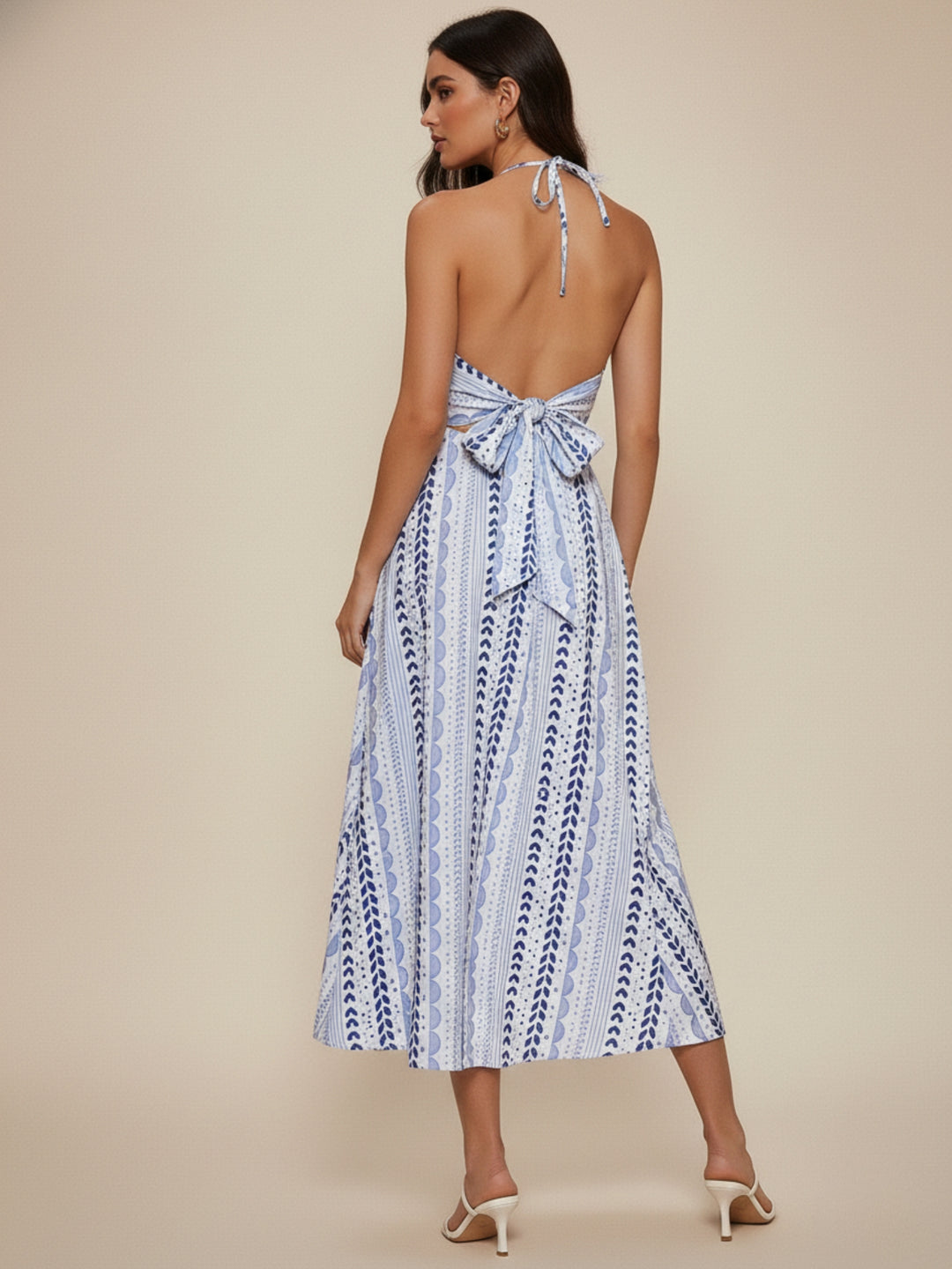 Blue Printed Bustier Style Halter Neck Dress