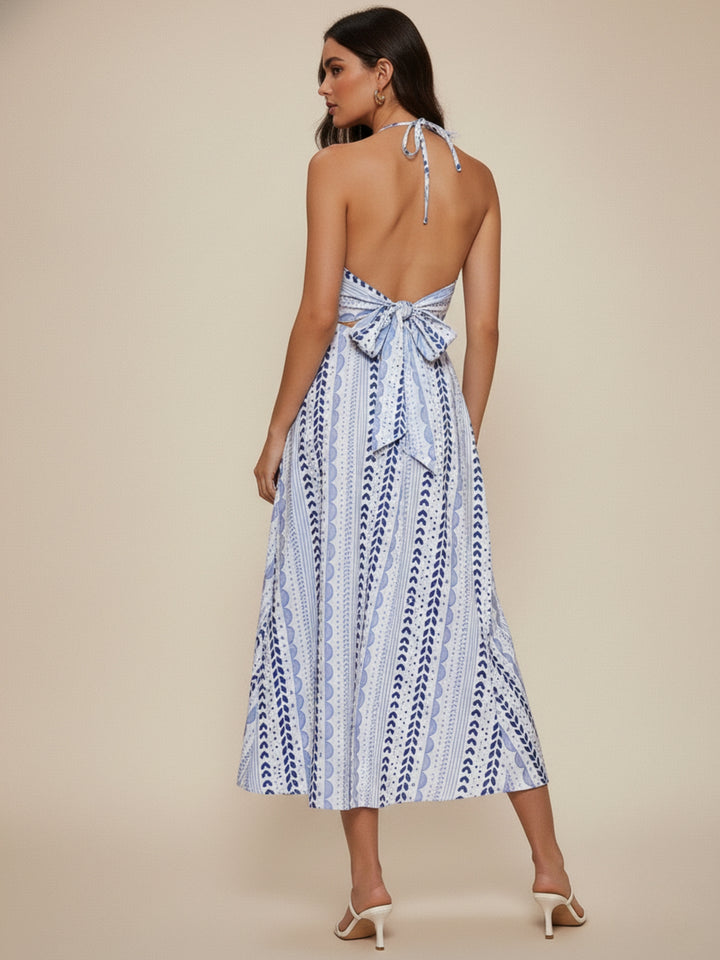 Blue Printed Bustier Style Halter Neck Dress