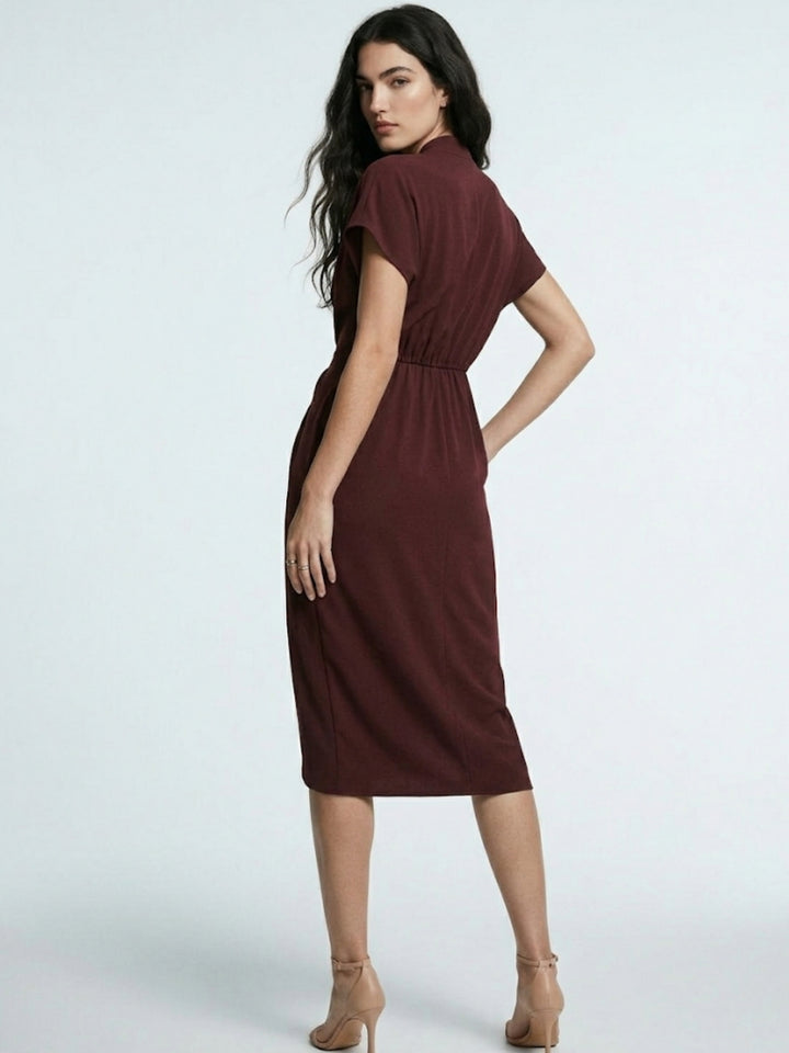 Maroon Short Sleeve V Neck Waist Tie-Up Dress