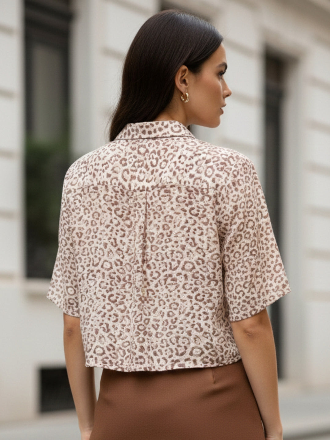 Brown Printed Cropped Shirt