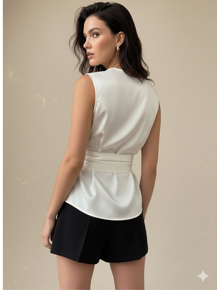 White High Neck Criss Cross Wrap Blouse
