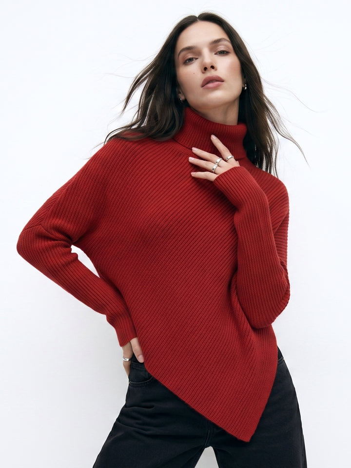 Red Full Sleeve Turtle Neck Asymmetrical Hem Sweater