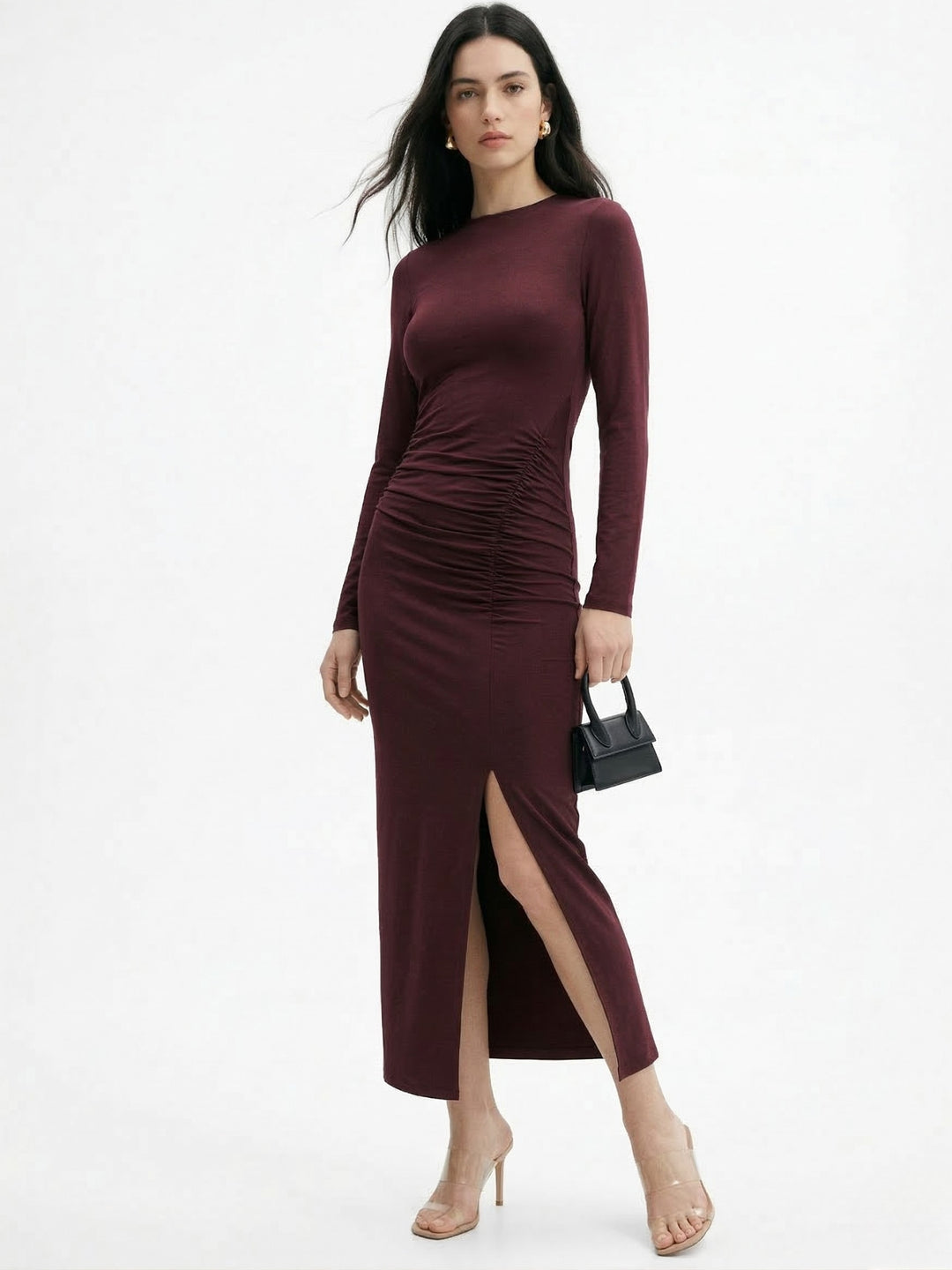 Maroon Boat Neck Side Ruched Thigh High Slit Dress