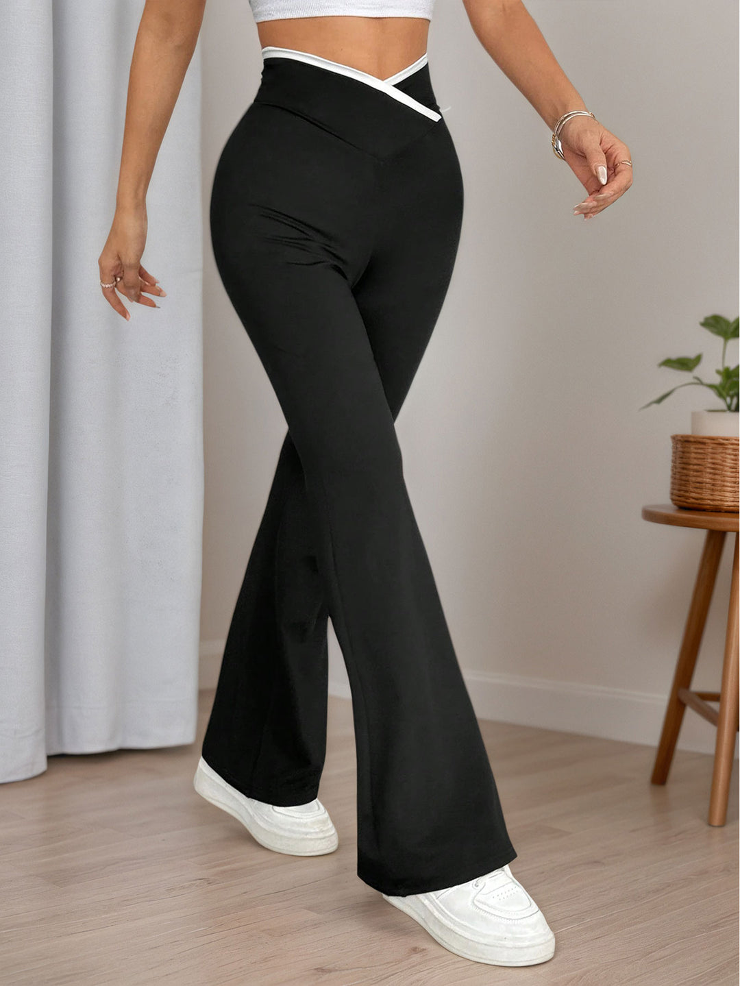 Black High Waist Contrast Asymmetrical Band Sweatpants