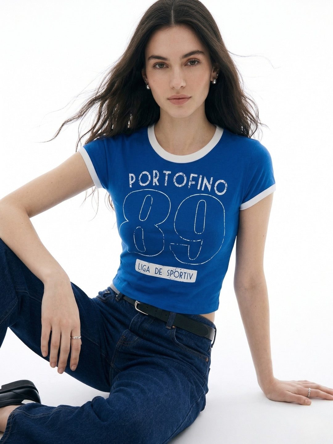 Blue Raglan Cropped Top With Graphic Print