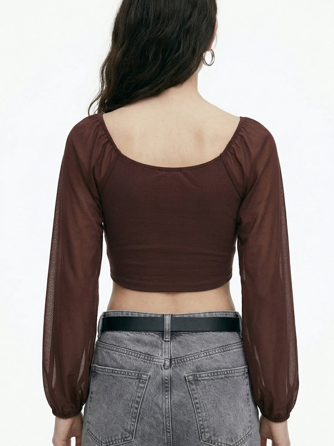 Brown Bishop Sleeve Front Ruched Top