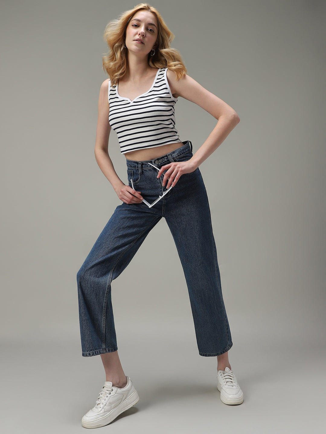 Navy Blue Striped Ribbed Tank