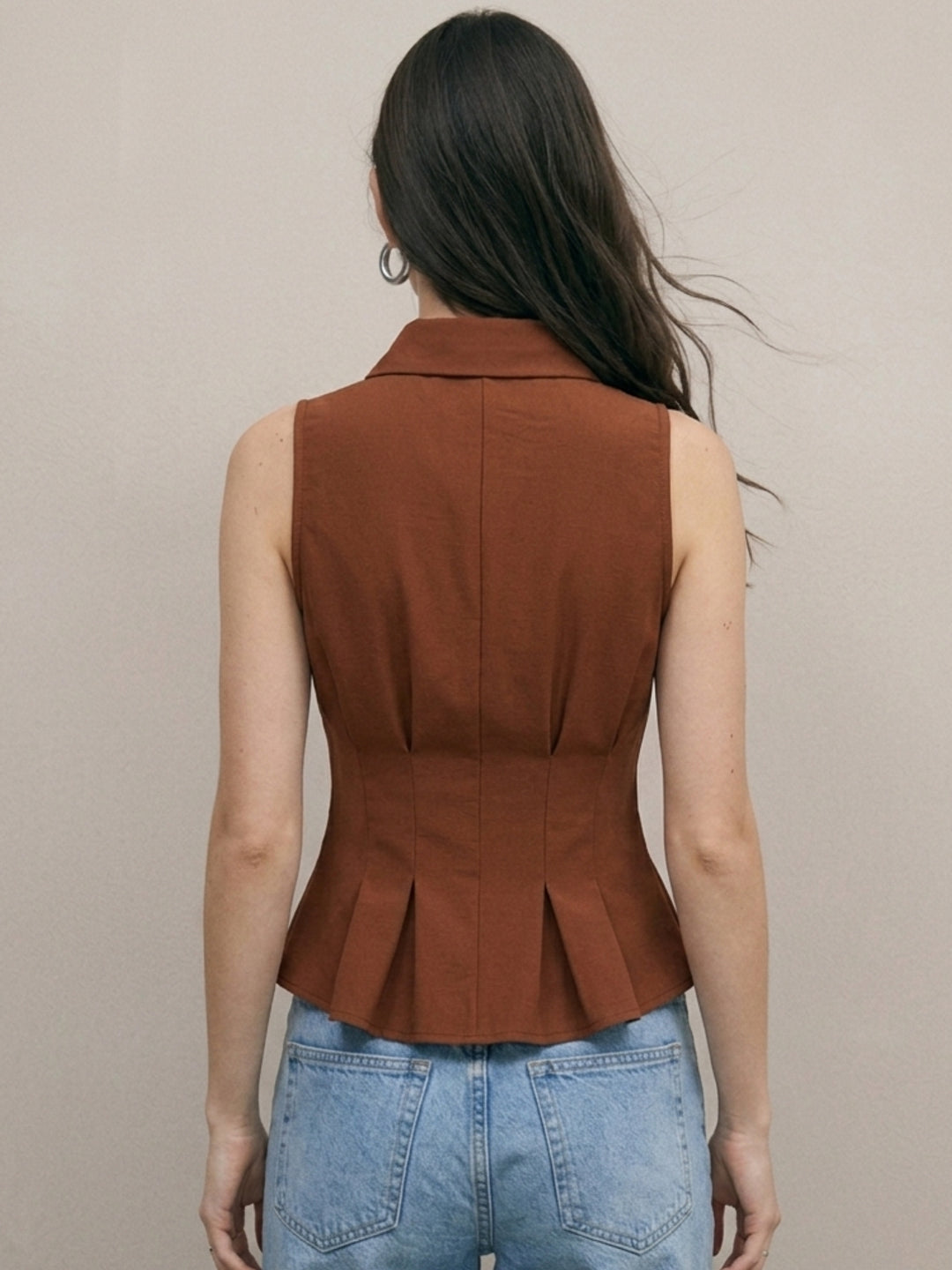Brown Button Down Cinched Waist Peplum Shirt
