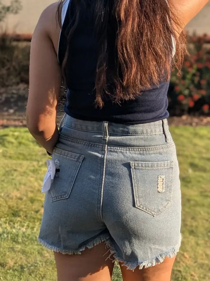 Blue Freyed Denim Shorts