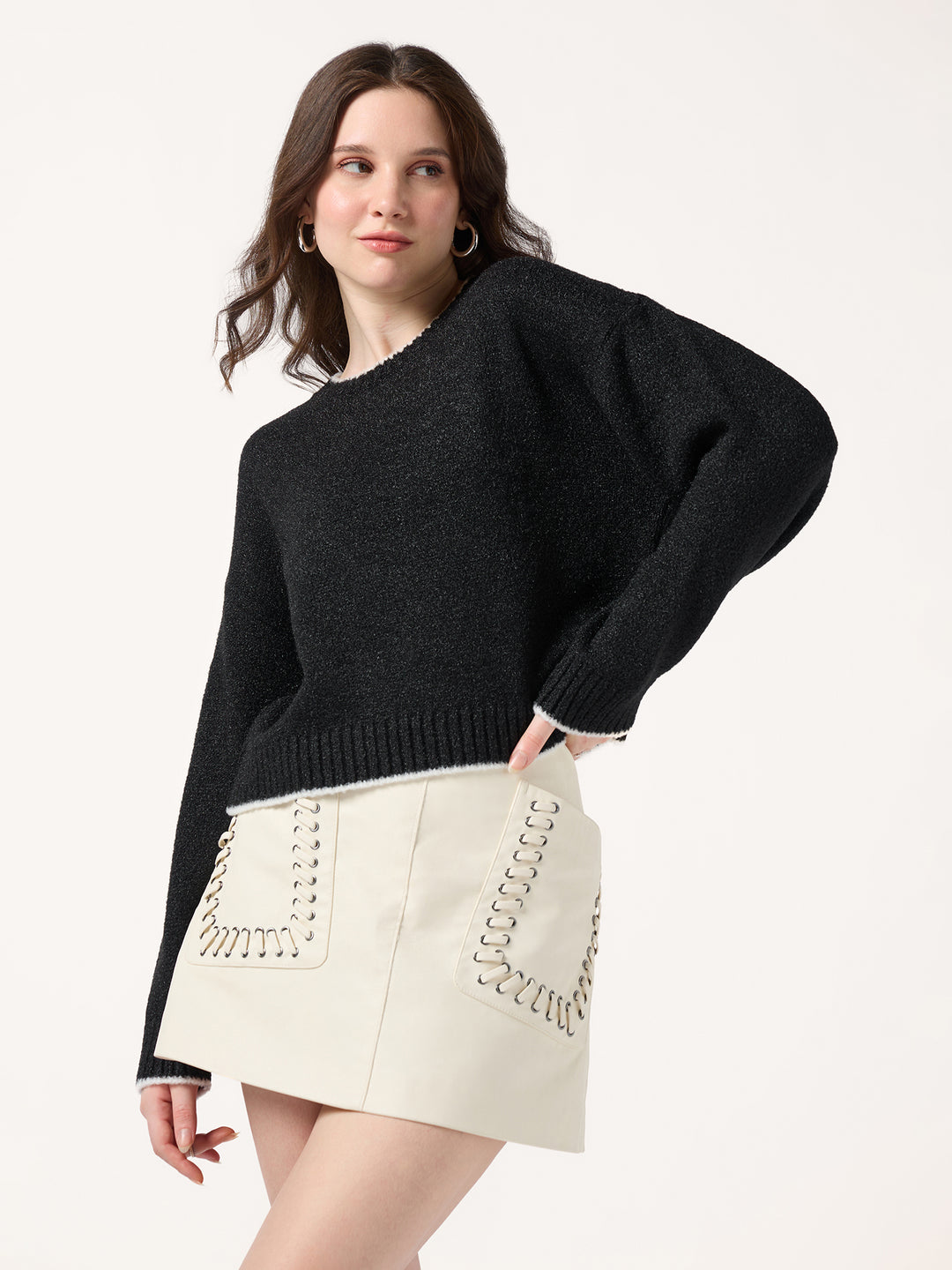 Black Contrast Binding Hem And Neck Sweater