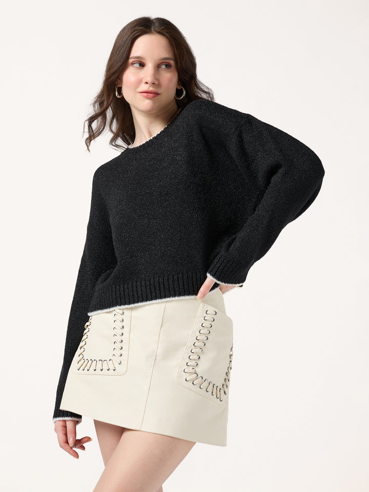 Black Contrast Binding Hem And Neck Sweater