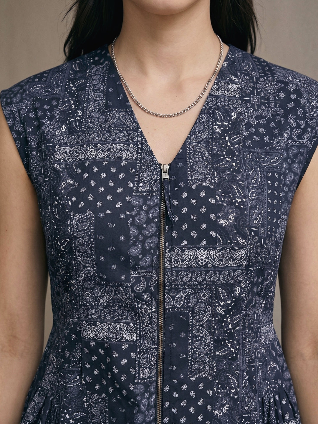 Blue Bandana Print Mini Dress With Front Zipper