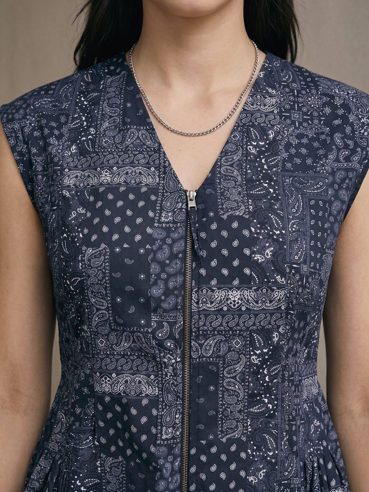 Blue Bandana Print Mini Dress With Front Zipper
