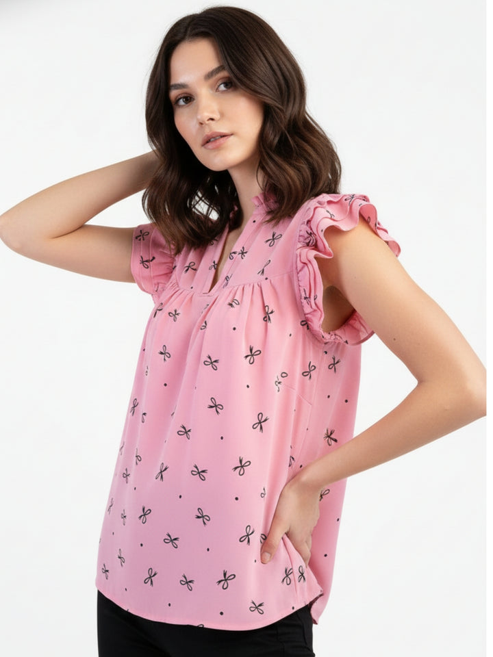 Pink Ruffle Sleeve Printed Top