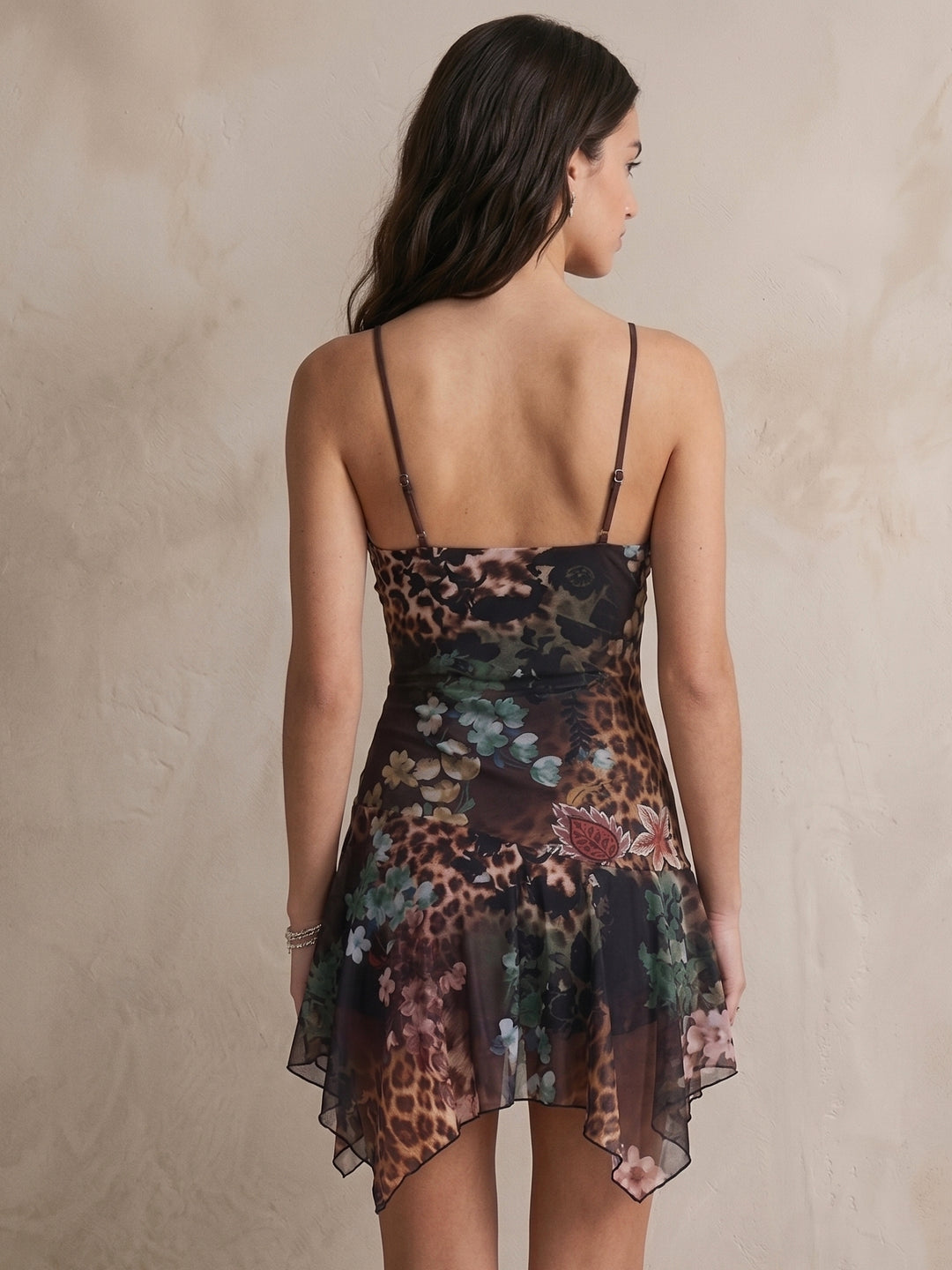Black Strappy Printed Dress With Asymmetric Hem