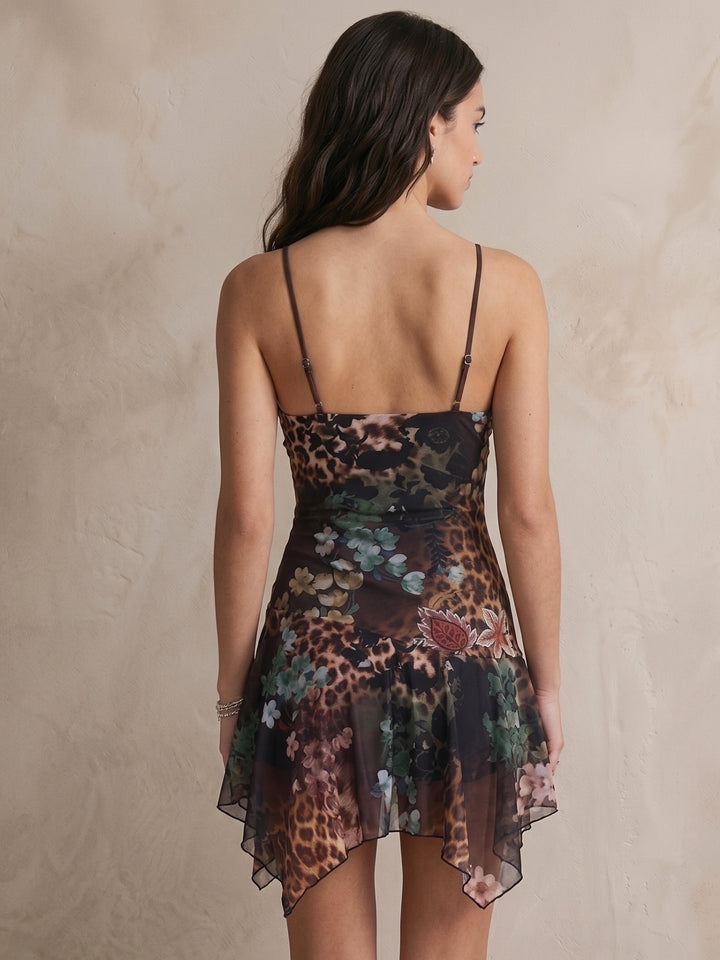Black Strappy Printed Dress With Asymmetric Hem