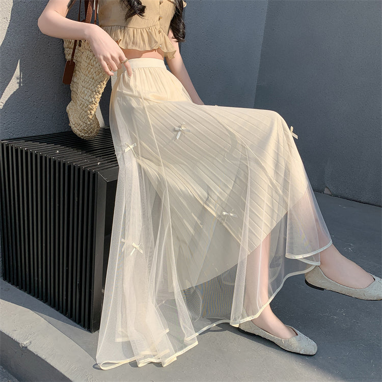 Cream A-Line Tulle Skirt With Bow Detail