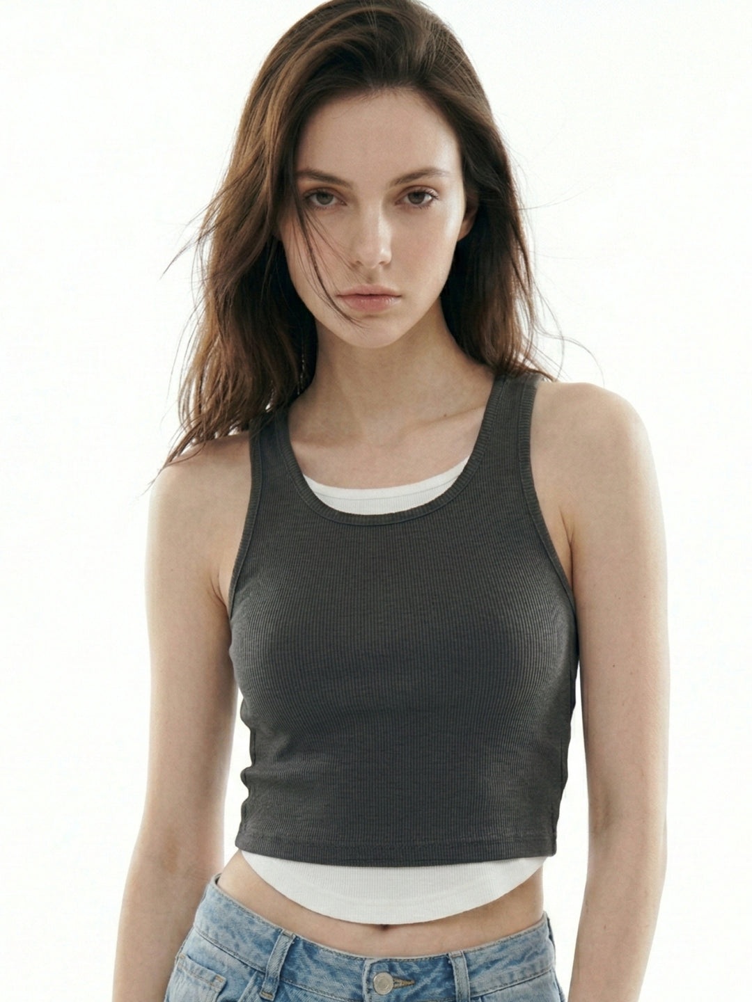 Grey Twofer Style Ribbed Tank
