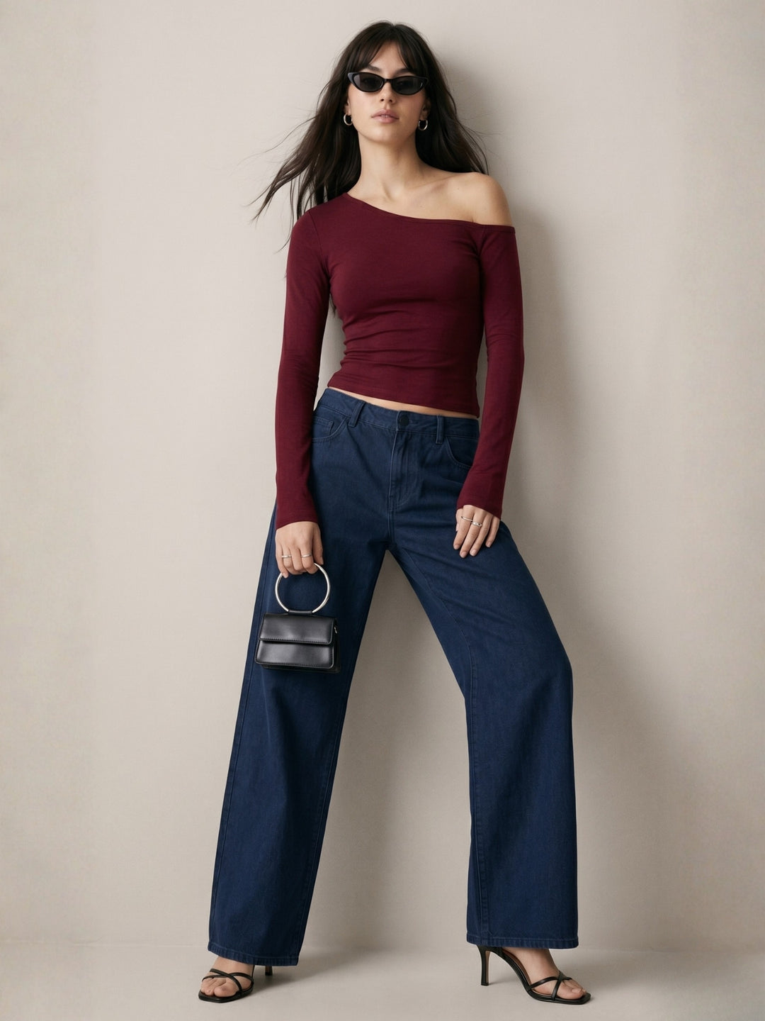 Maroon Off-Shoulder Fitted Full Sleeved Top