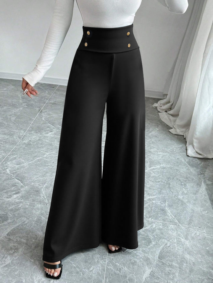 Black High Waist Wide Leg Pant With Side Buttons Detail