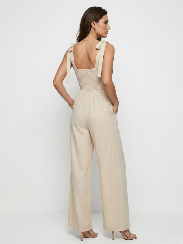 Cream Shoulder Tie-Up Printed Jumpsuit