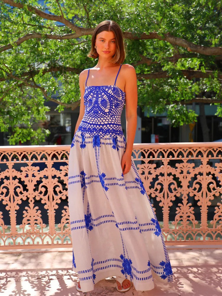 Blue Printed Fit And Flare Maxi Dress