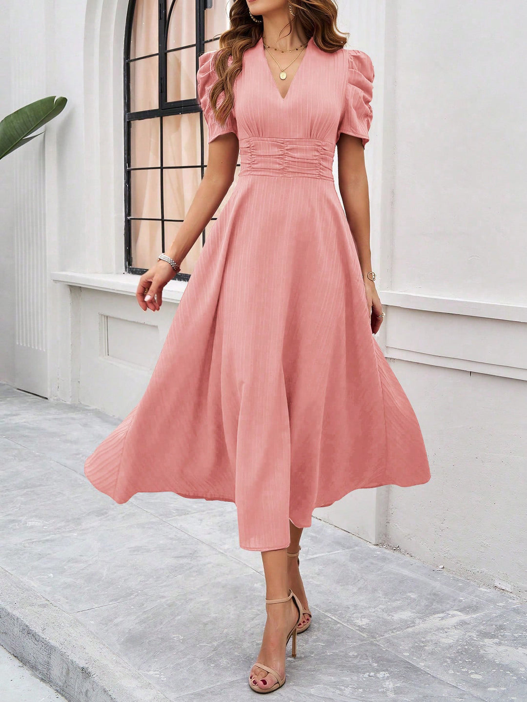 Pink Fit And Flare Midi Dress
