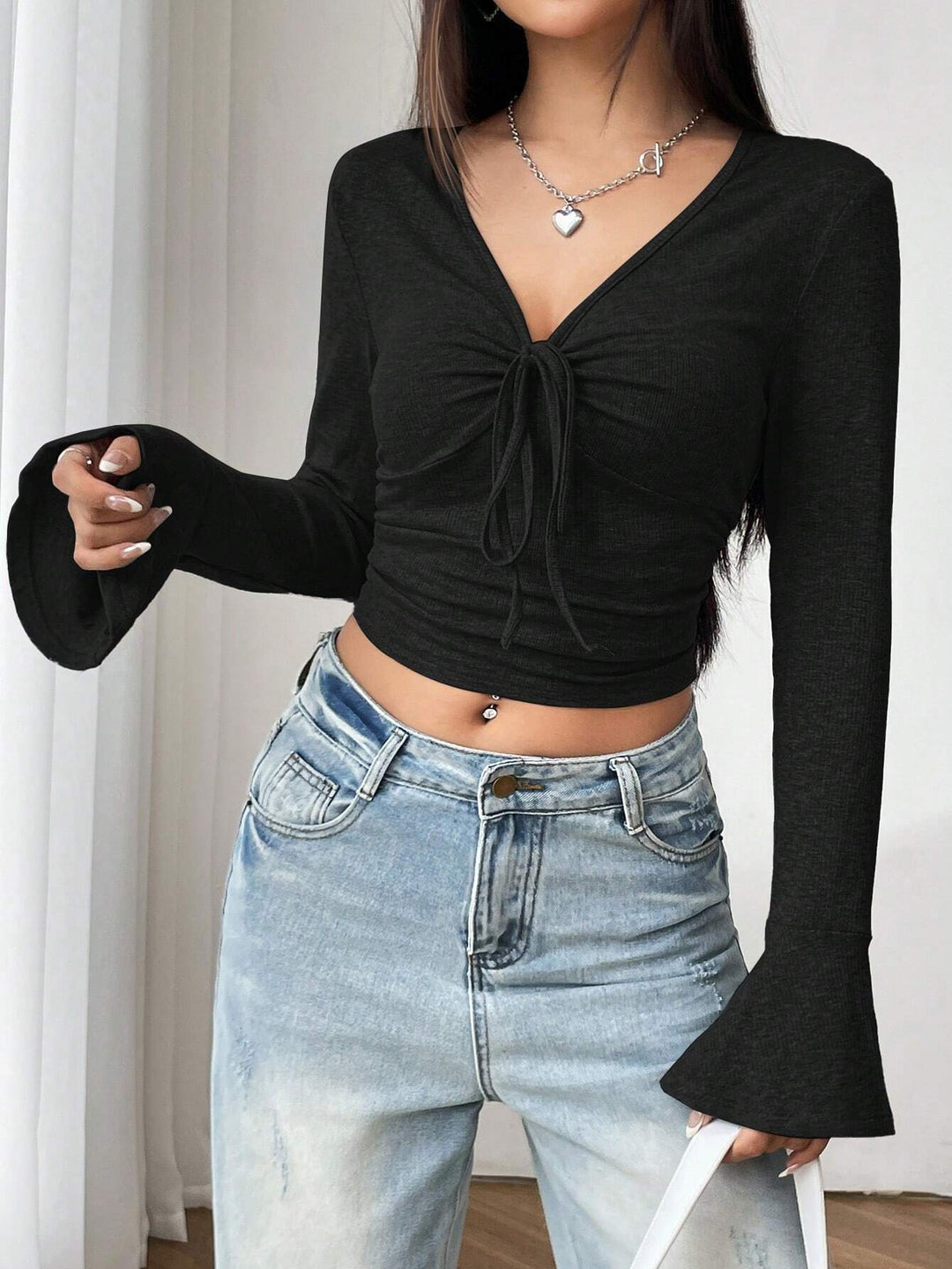 Black V Neck With Tie Up Detail Top