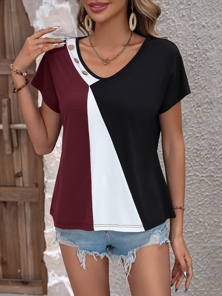 Red Colour Block Neck Detail Top
