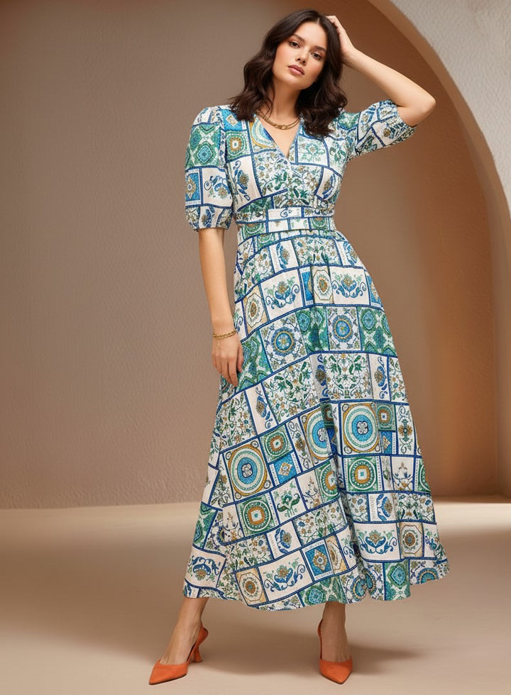 Blue Short Sleeve Abstract Print Dress