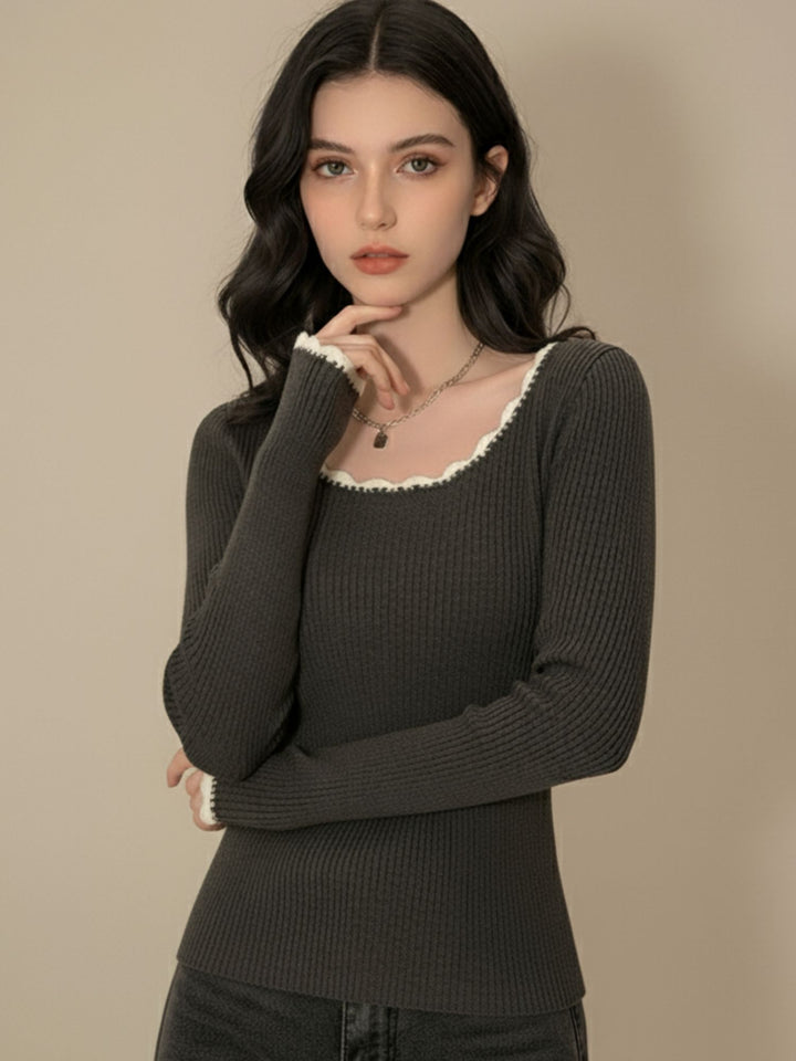 Brown Full Sleeve Scallop Hem Top