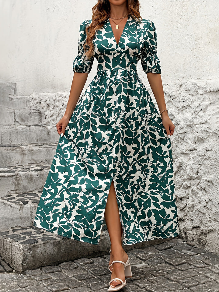 Green Printed Plunge Neck Cinched Waist Dress