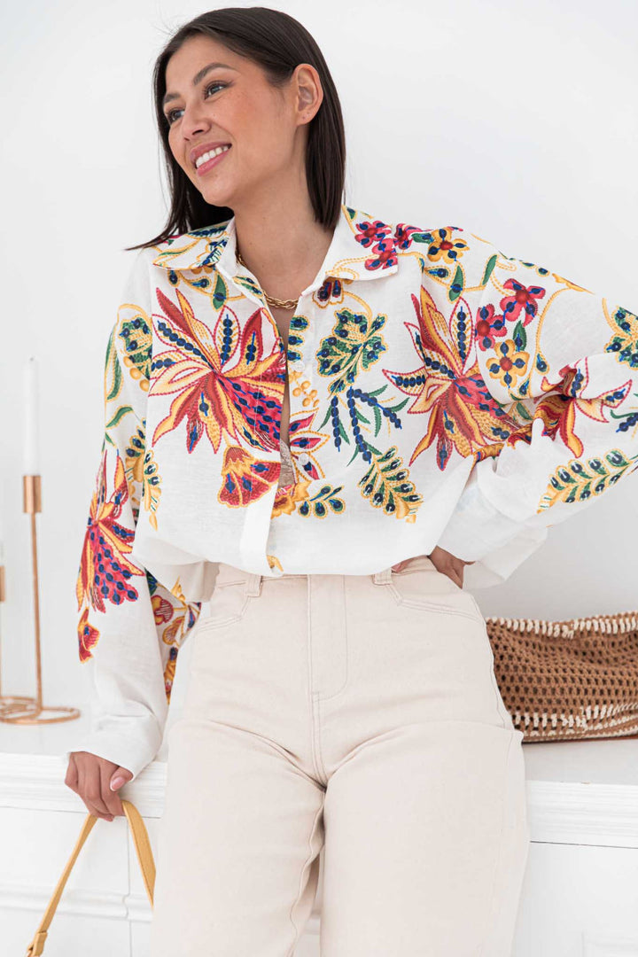 White Full Sleeve Embroidered Collared Top