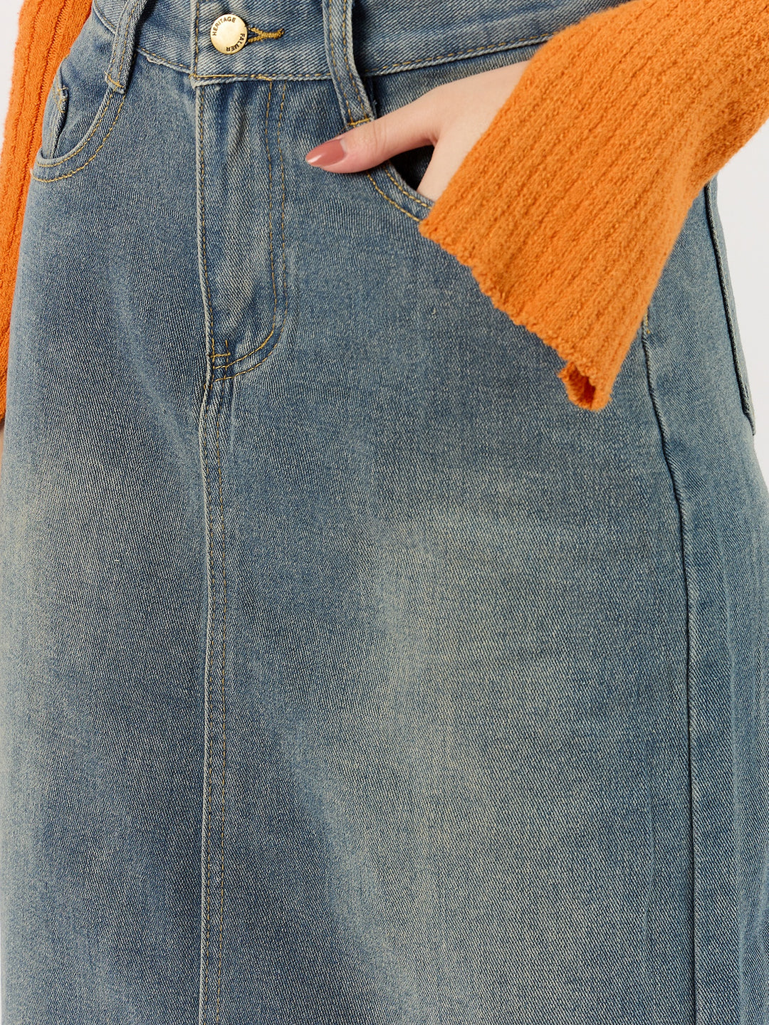 Blue Washed Denim Slit Skirt