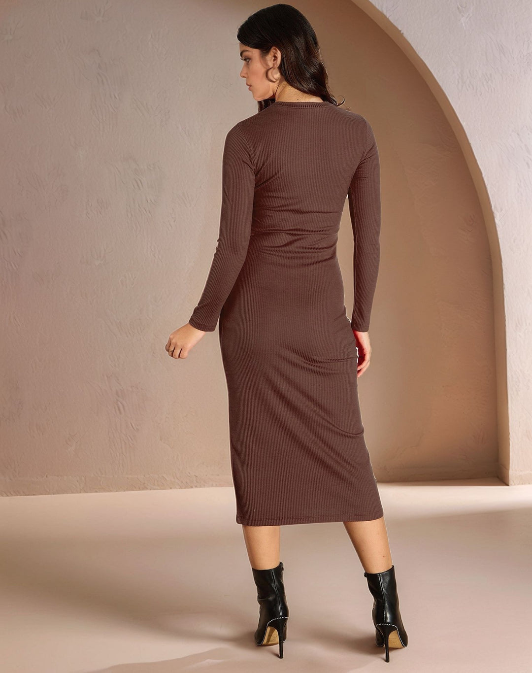 Brown Full Sleeve Round Neck Fitted Dress