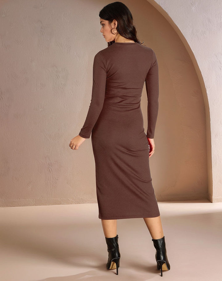Brown Full Sleeve Round Neck Fitted Dress