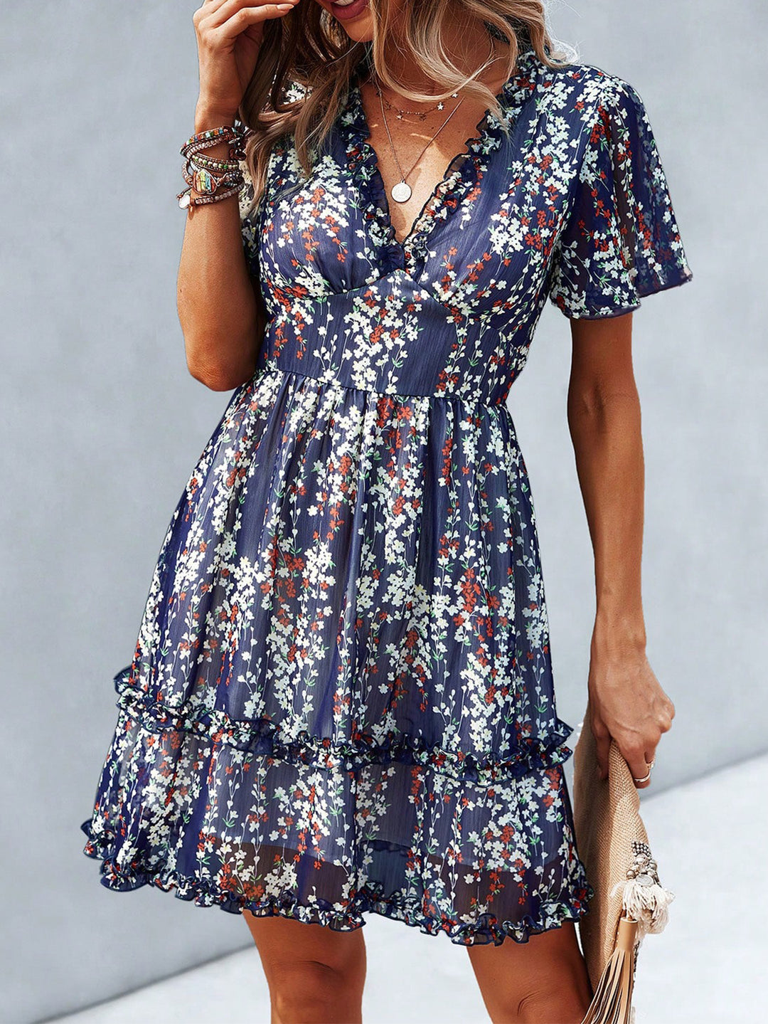 Navy Blue V Neck Flutter Sleeves Dress