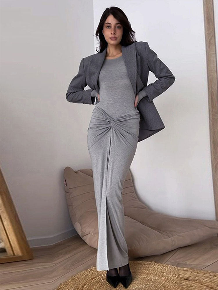 Grey Waist Knot Full Sleeves Fitted Dress