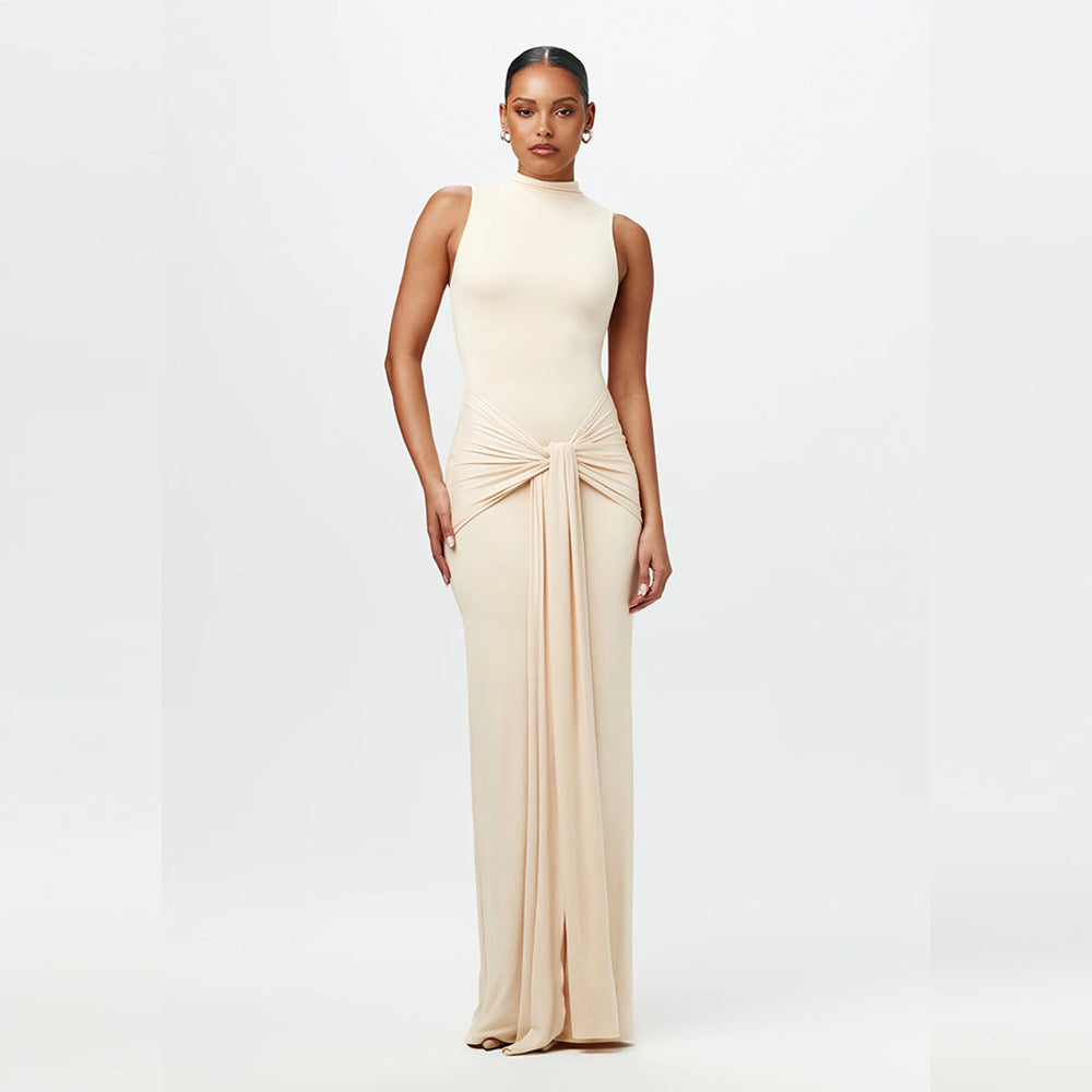 Beige High Neck Sleeveless Dress