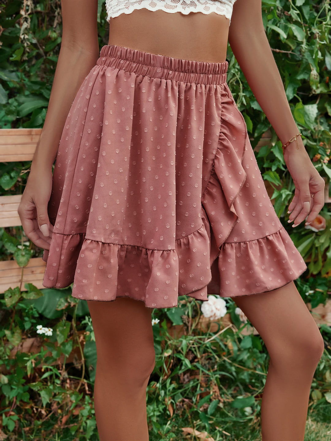 Coral Mini Wrap Skirt With Ruffle Detail