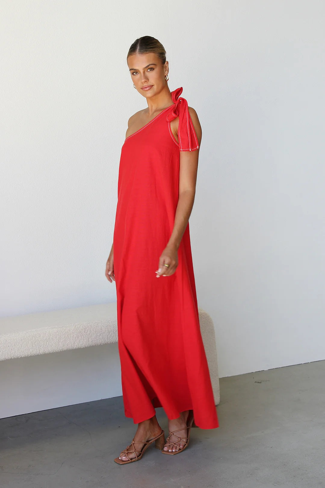 Red One Shoulder Tie-Up Dress
