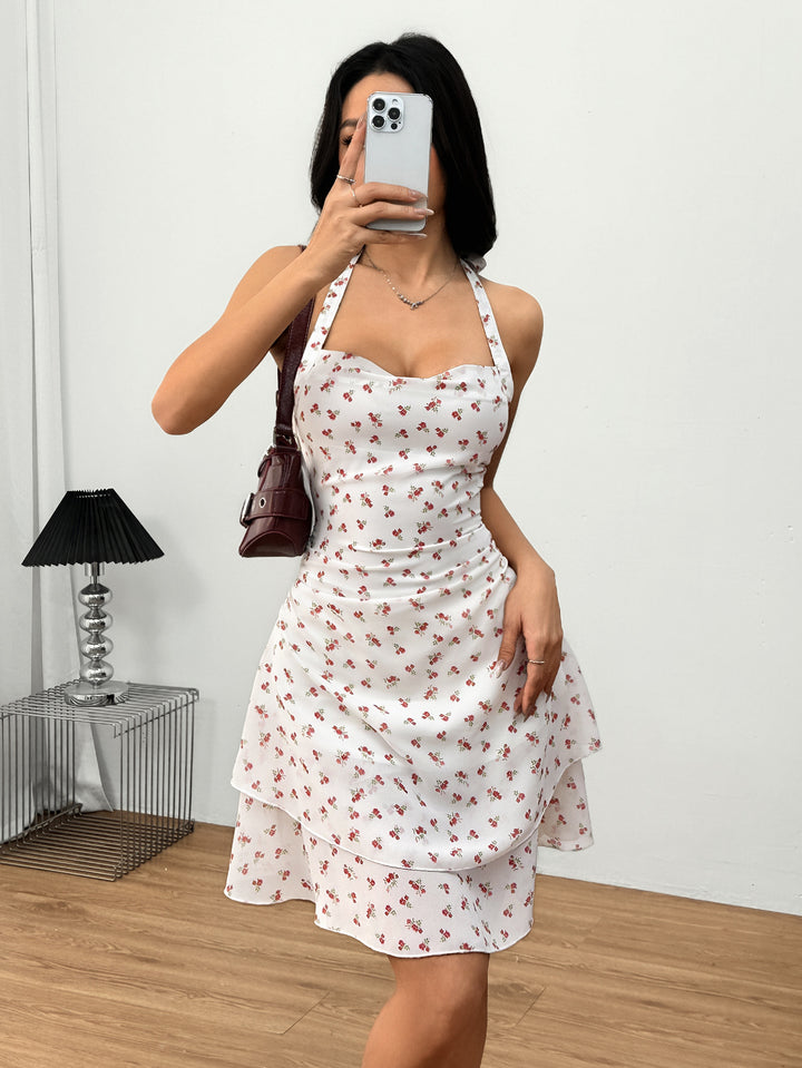 White Printed Halter Neck Double Flap Dress