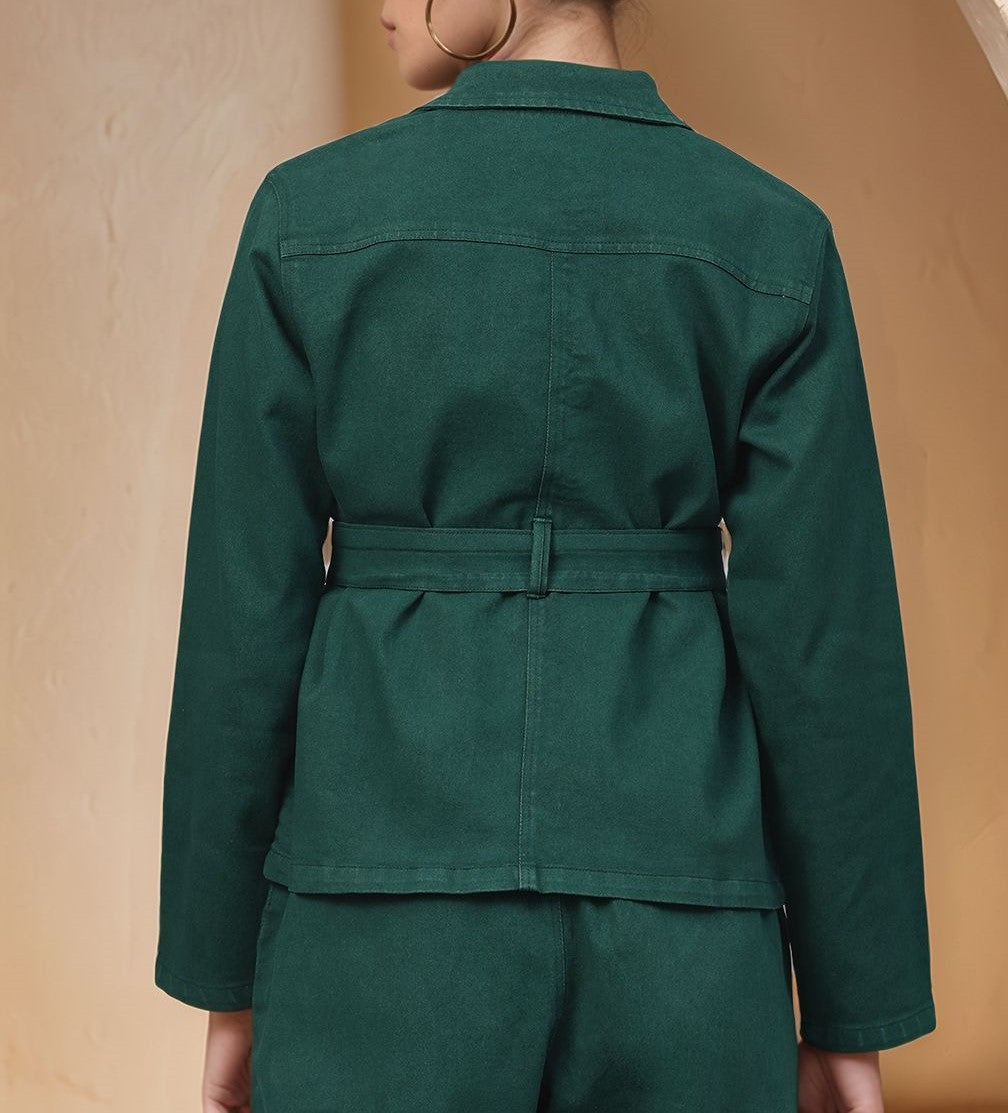 Dark Green Full Sleeve Waist Tie-Up Jacket