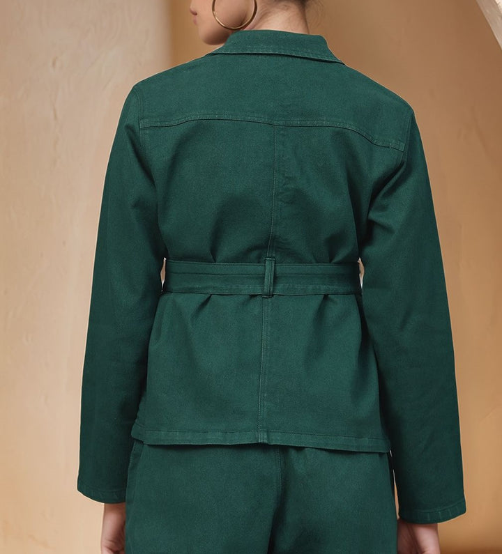 Dark Green Full Sleeve Waist Tie-Up Jacket