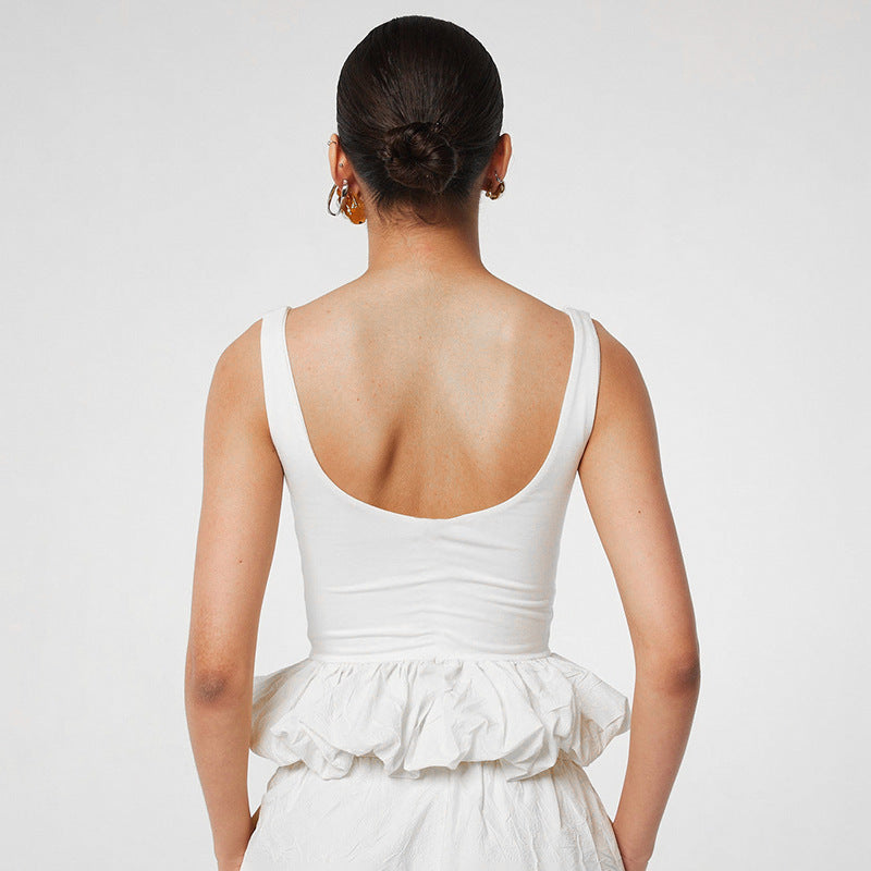 White Scoop Neck Bubble Hem Top