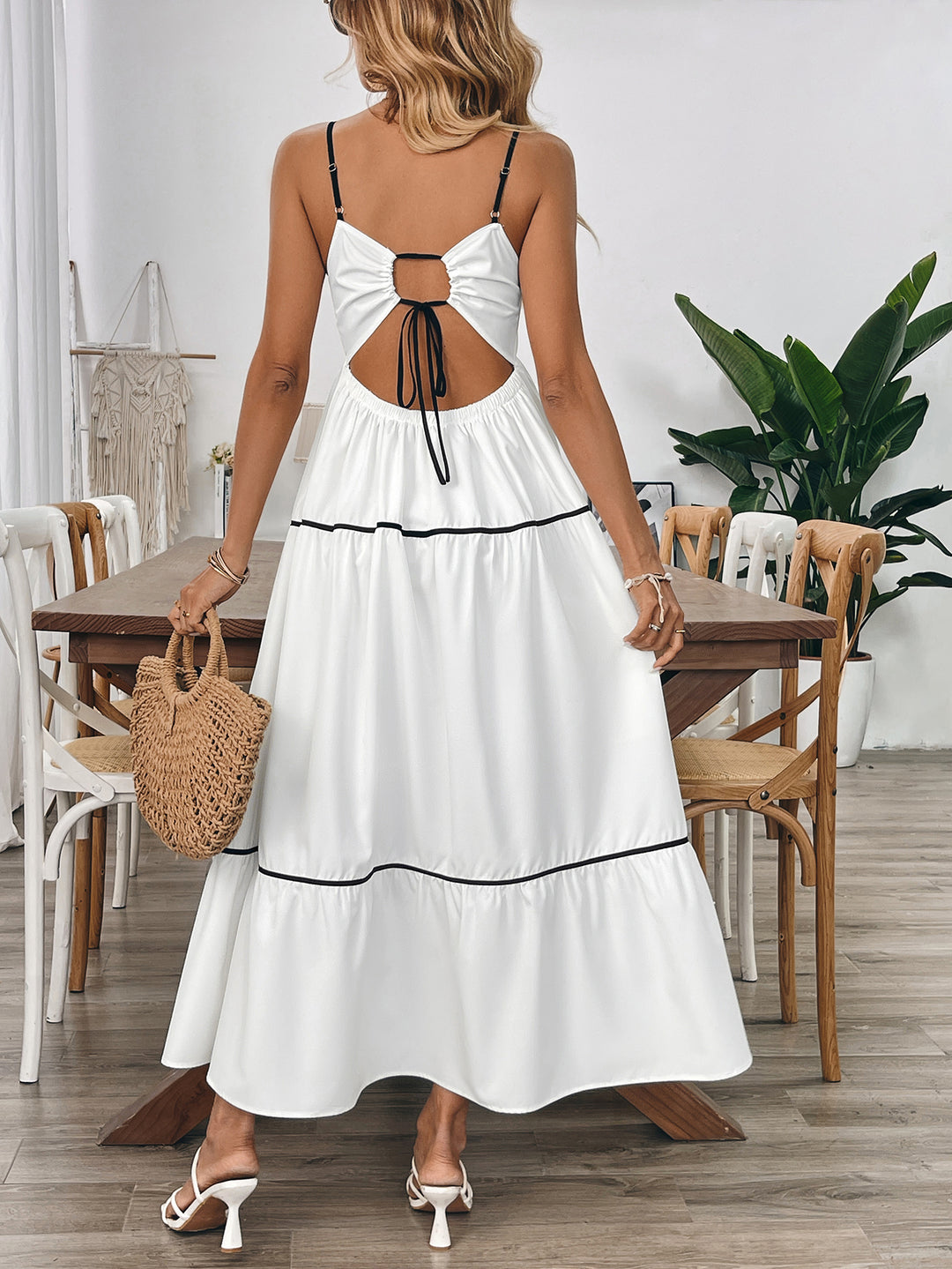 White Contrast Tipping Back Tie Up Maxi Dress