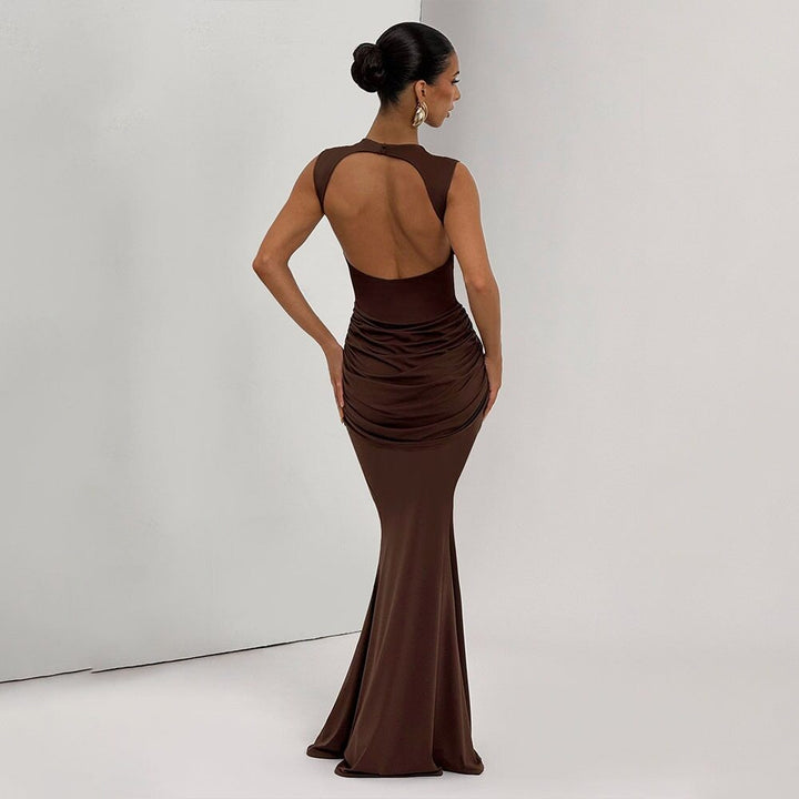 Brown Sleeveless Waist Tie-Up Dress