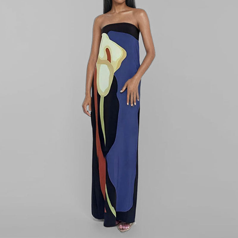 Blue Placement Print Off Shoulder Maxi Dress