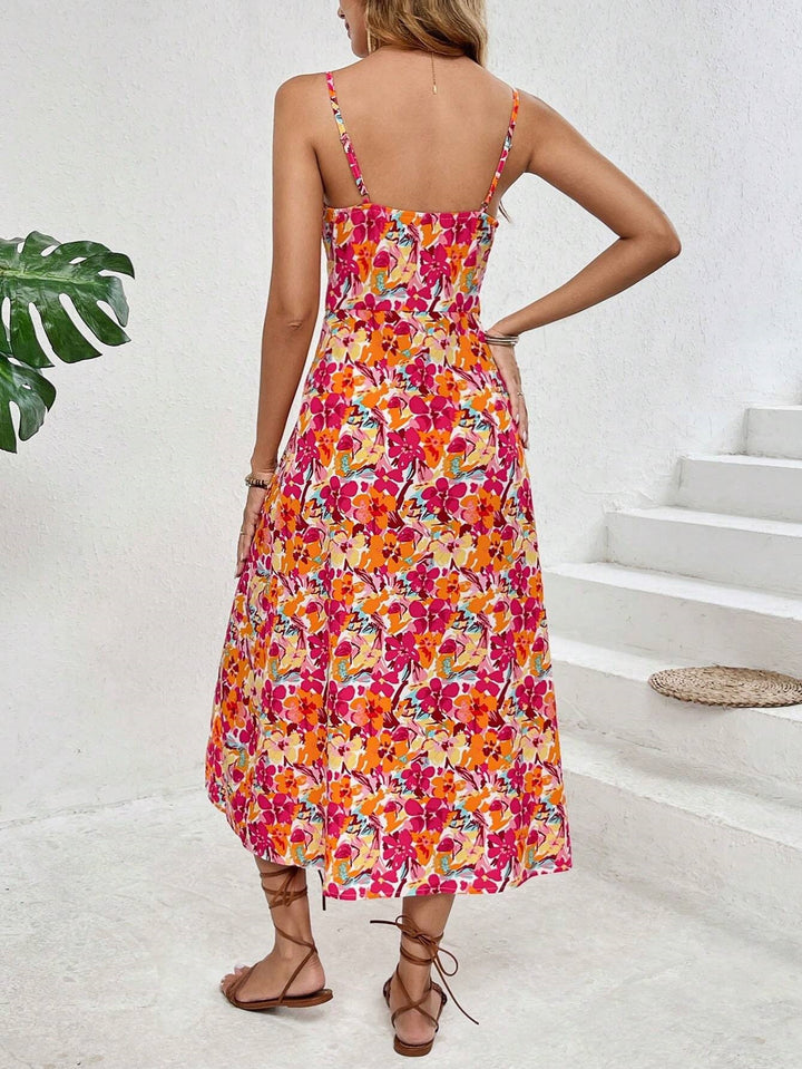 Multi Floral Printed Shoulder Strap Slit Dress